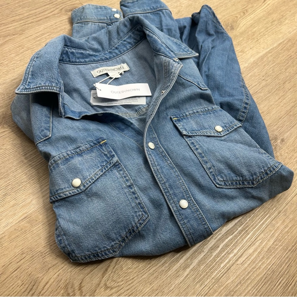 NWT Outerknown 100% Organic Cotton Denim Pearl Snap Button Down Long Shirt - Picture 2 of 16